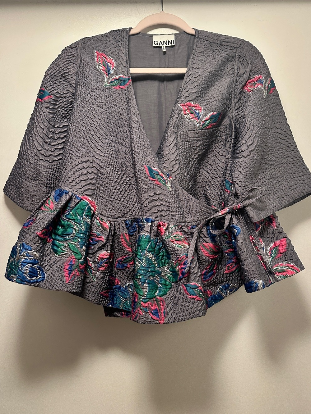 Ganni Jacquard Peplum Wrap Top